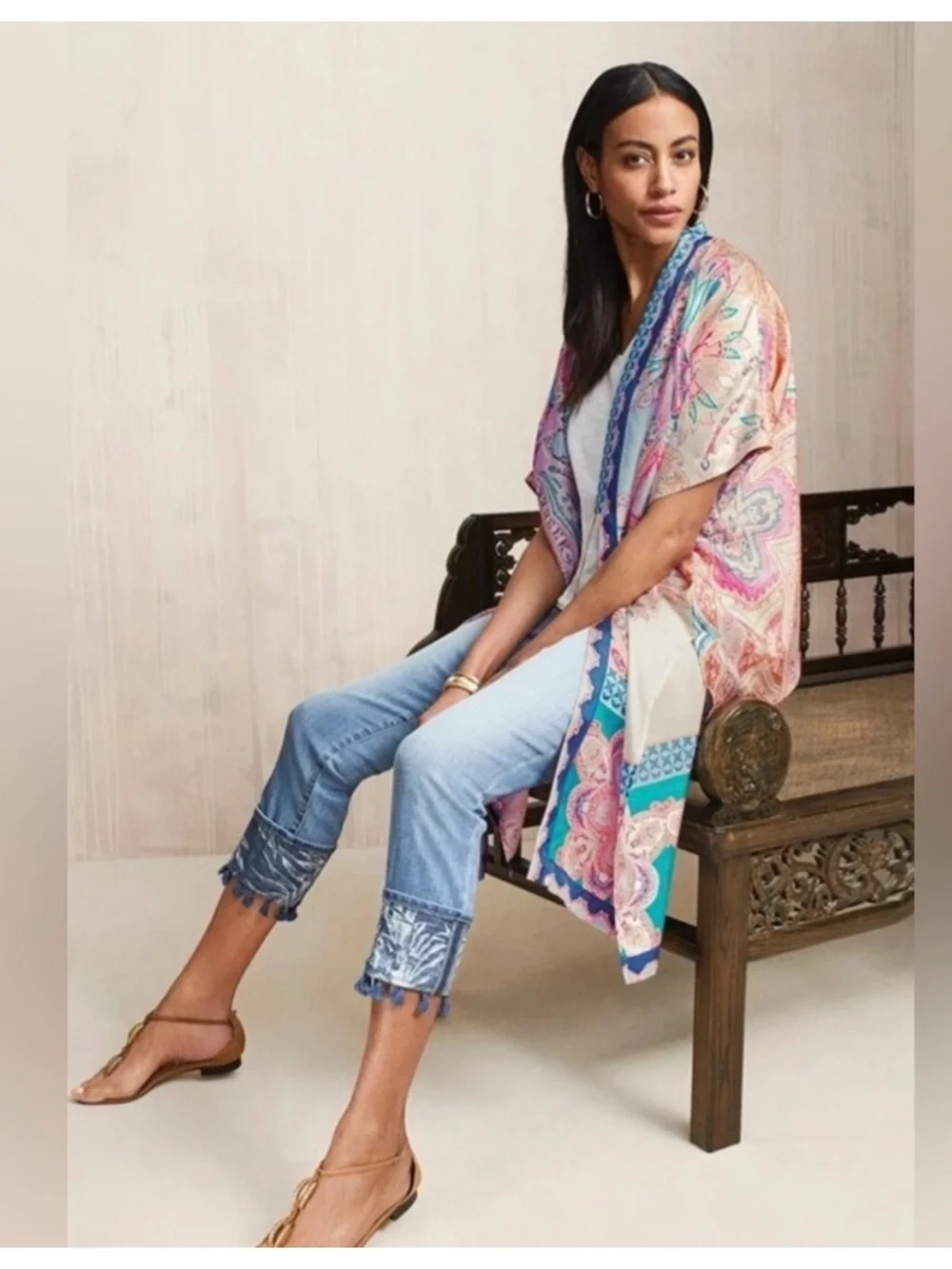 Chico's Silk Multi-Color Paisley Open Front Kimono Size M NWT